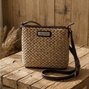 Brighton Woven Straw Crossbody Bag with Brown Trim